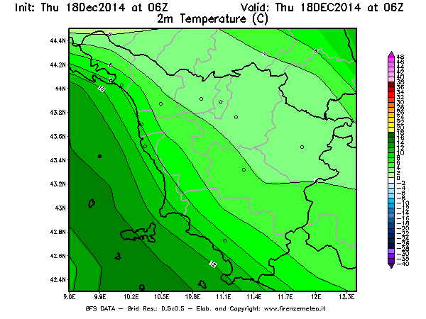 Mappa di analisi GFS - Temperatura a 2 metri dal suolo [°C] in Toscana
							del 18/12/2014 06 <!--googleoff: index-->UTC<!--googleon: index-->