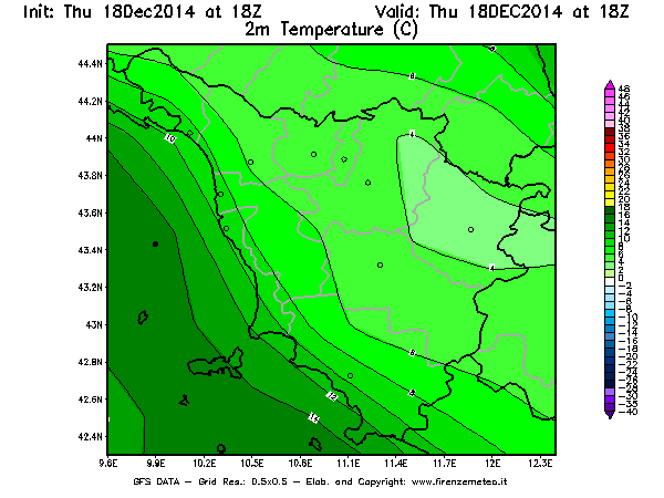 Mappa di analisi GFS - Temperatura a 2 metri dal suolo [°C] in Toscana
							del 18/12/2014 18 <!--googleoff: index-->UTC<!--googleon: index-->