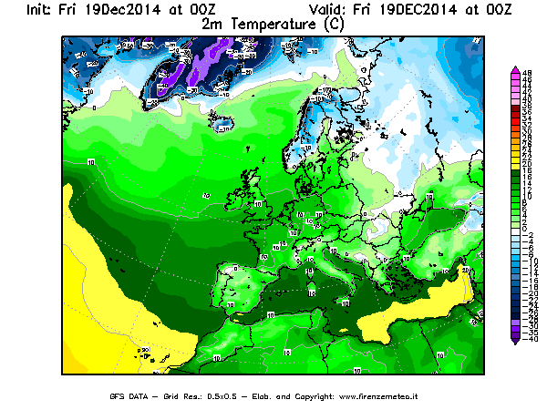 Mappa di analisi GFS - Temperatura a 2 metri dal suolo [°C] in Europa
							del 19/12/2014 00 <!--googleoff: index-->UTC<!--googleon: index-->