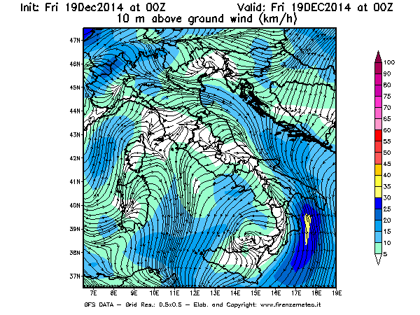 Mappa di analisi GFS - Velocità del vento a 10 metri dal suolo [km/h] in Italia
							del 19/12/2014 00 <!--googleoff: index-->UTC<!--googleon: index-->