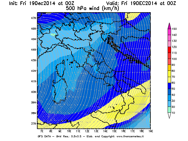Mappa di analisi GFS - Velocità del vento a 500 hPa [km/h] in Italia
							del 19/12/2014 00 <!--googleoff: index-->UTC<!--googleon: index-->
