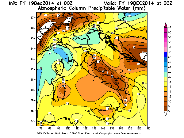 Mappa di analisi GFS - Precipitable Water [mm] in Italia
							del 19/12/2014 00 <!--googleoff: index-->UTC<!--googleon: index-->