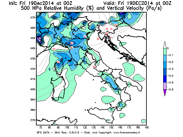 Mappa di analisi GFS - Umidità relativa [%] e Omega [Pa/s] a 500 hPa in Italia
							del 19/12/2014 00 <!--googleoff: index-->UTC<!--googleon: index-->