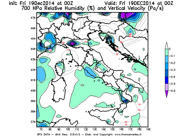 Mappa di analisi GFS - Umidità relativa [%] e Omega [Pa/s] a 700 hPa in Italia
							del 19/12/2014 00 <!--googleoff: index-->UTC<!--googleon: index-->