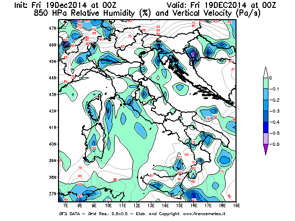 Mappa di analisi GFS - Umidità relativa [%] e Omega [Pa/s] a 850 hPa in Italia
							del 19/12/2014 00 <!--googleoff: index-->UTC<!--googleon: index-->