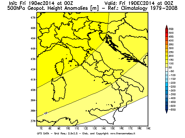 Mappa di analisi GFS - Anomalia di Geopotenziale a 500 hPa in Italia
							del 19/12/2014 00 <!--googleoff: index-->UTC<!--googleon: index-->