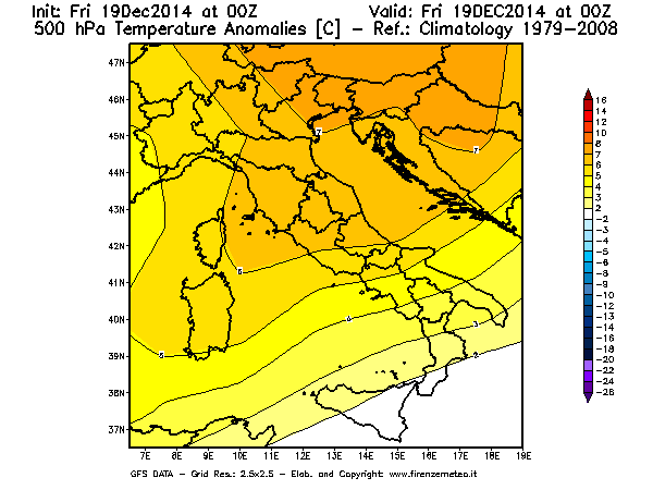 Mappa di analisi GFS - Anomalia Temperatura [°C] a 500 hPa in Italia
							del 19/12/2014 00 <!--googleoff: index-->UTC<!--googleon: index-->