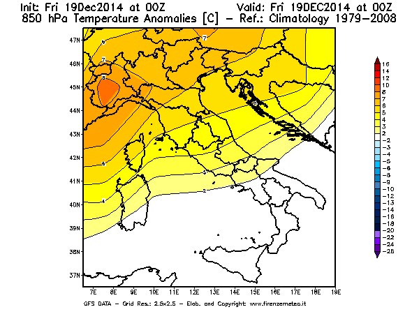 Mappa di analisi GFS - Anomalia Temperatura [°C] a 850 hPa in Italia
							del 19/12/2014 00 <!--googleoff: index-->UTC<!--googleon: index-->