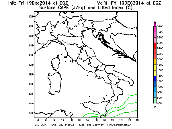 Mappa di analisi GFS - CAPE [J/kg] e Lifted Index [°C] in Italia
							del 19/12/2014 00 <!--googleoff: index-->UTC<!--googleon: index-->