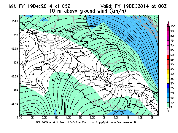 Mappa di analisi GFS - Velocità del vento a 10 metri dal suolo [km/h] in Centro-Italia
							del 19/12/2014 00 <!--googleoff: index-->UTC<!--googleon: index-->