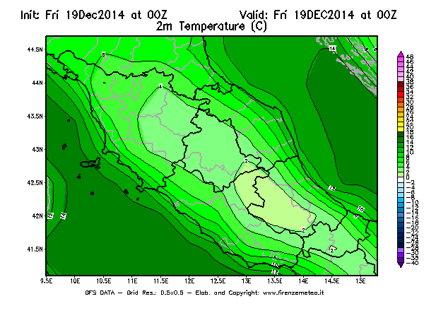 Mappa di analisi GFS - Temperatura a 2 metri dal suolo [°C] in Centro-Italia
							del 19/12/2014 00 <!--googleoff: index-->UTC<!--googleon: index-->