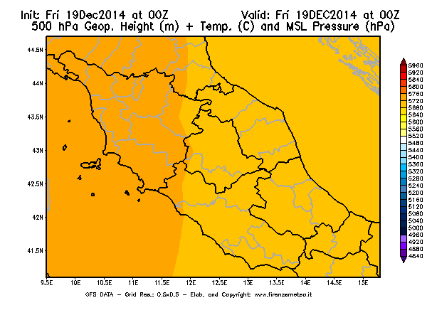 Mappa di analisi GFS - Geopotenziale [m] + Temp. [°C] a 500 hPa + Press. a livello del mare [hPa] in Centro-Italia
							del 19/12/2014 00 <!--googleoff: index-->UTC<!--googleon: index-->