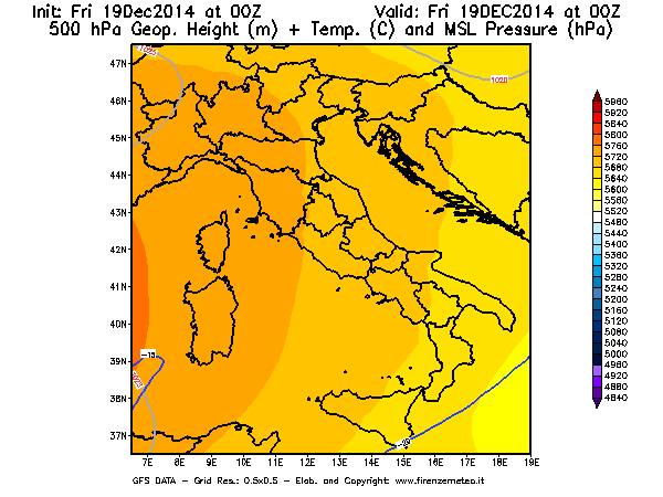 Mappa di analisi GFS - Geopotenziale [m] + Temp. [°C] a 500 hPa + Press. a livello del mare [hPa] in Italia
							del 19/12/2014 00 <!--googleoff: index-->UTC<!--googleon: index-->
