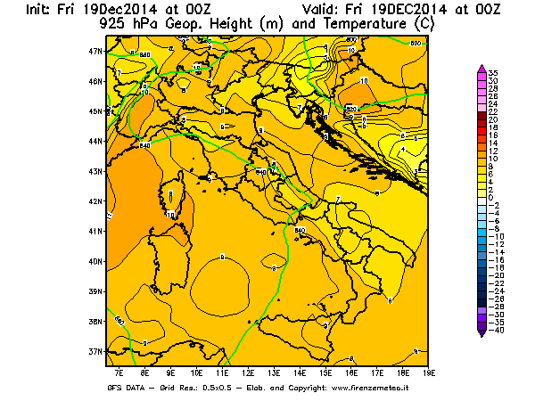 Mappa di analisi GFS - Geopotenziale [m] e Temperatura [°C] a 925 hPa in Italia
							del 19/12/2014 00 <!--googleoff: index-->UTC<!--googleon: index-->