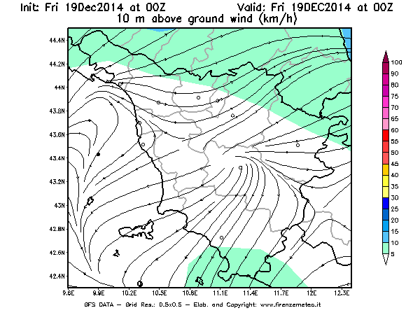 Mappa di analisi GFS - Velocità del vento a 10 metri dal suolo [km/h] in Toscana
							del 19/12/2014 00 <!--googleoff: index-->UTC<!--googleon: index-->