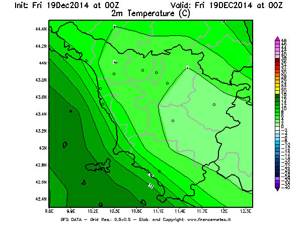 Mappa di analisi GFS - Temperatura a 2 metri dal suolo [°C] in Toscana
							del 19/12/2014 00 <!--googleoff: index-->UTC<!--googleon: index-->