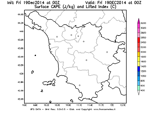 Mappa di analisi GFS - CAPE [J/kg] e Lifted Index [°C] in Toscana
							del 19/12/2014 00 <!--googleoff: index-->UTC<!--googleon: index-->