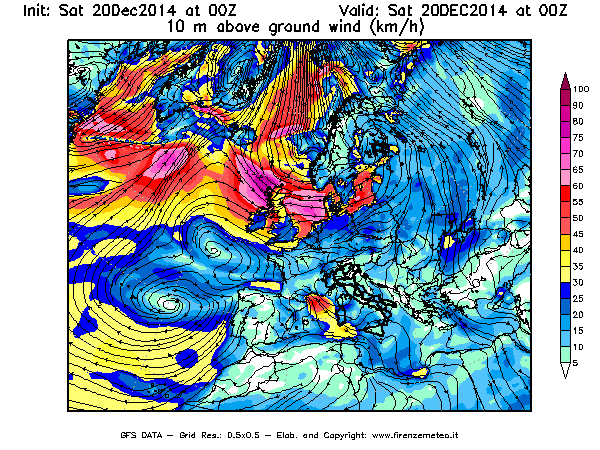 Mappa di analisi GFS - Velocità del vento a 10 metri dal suolo [km/h] in Europa
									del 20/12/2014 00 <!--googleoff: index-->UTC<!--googleon: index-->