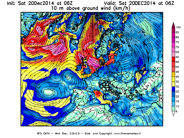 Mappa di analisi GFS - Velocità del vento a 10 metri dal suolo [km/h] in Europa
									del 20/12/2014 06 <!--googleoff: index-->UTC<!--googleon: index-->