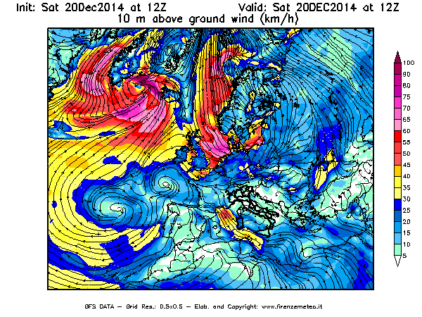 Mappa di analisi GFS - Velocità del vento a 10 metri dal suolo [km/h] in Europa
									del 20/12/2014 12 <!--googleoff: index-->UTC<!--googleon: index-->