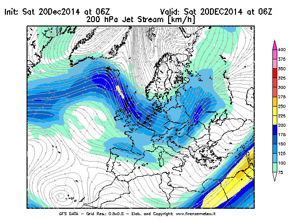 Mappa di analisi GFS - Jet Stream a 200 hPa in Europa
									del 20/12/2014 06 <!--googleoff: index-->UTC<!--googleon: index-->