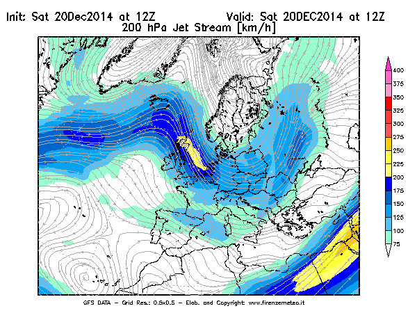 Mappa di analisi GFS - Jet Stream a 200 hPa in Europa
							del 20/12/2014 12 <!--googleoff: index-->UTC<!--googleon: index-->