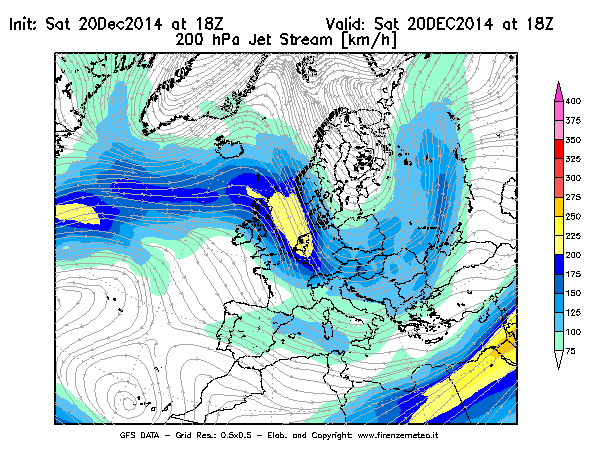 Mappa di analisi GFS - Jet Stream a 200 hPa in Europa
									del 20/12/2014 18 <!--googleoff: index-->UTC<!--googleon: index-->