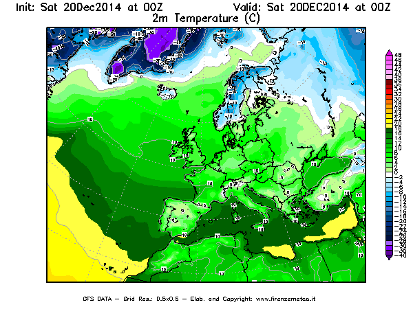Mappa di analisi GFS - Temperatura a 2 metri dal suolo [°C] in Europa
							del 20/12/2014 00 <!--googleoff: index-->UTC<!--googleon: index-->