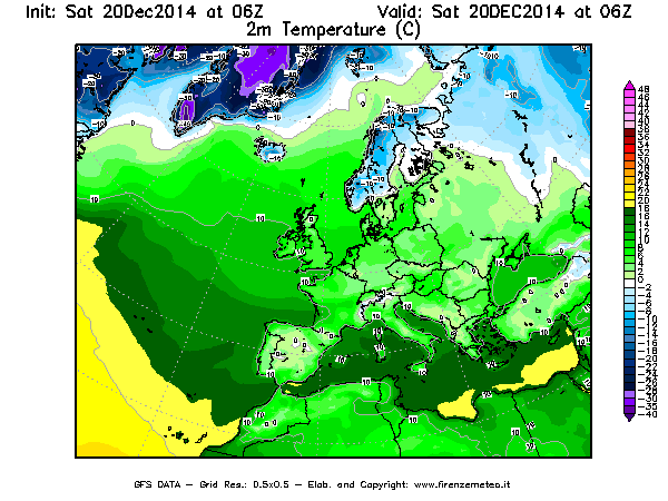 Mappa di analisi GFS - Temperatura a 2 metri dal suolo [°C] in Europa
							del 20/12/2014 06 <!--googleoff: index-->UTC<!--googleon: index-->