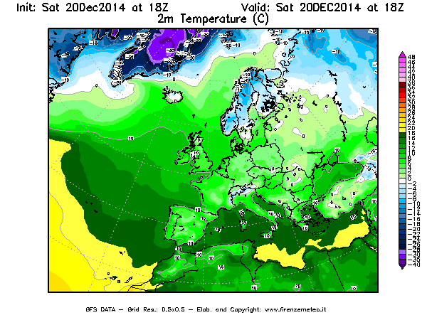 Mappa di analisi GFS - Temperatura a 2 metri dal suolo [°C] in Europa
									del 20/12/2014 18 <!--googleoff: index-->UTC<!--googleon: index-->