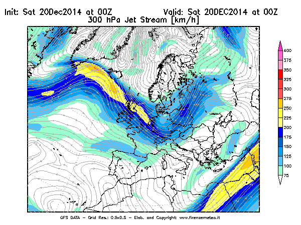 Mappa di analisi GFS - Jet Stream a 300 hPa in Europa
							del 20/12/2014 00 <!--googleoff: index-->UTC<!--googleon: index-->