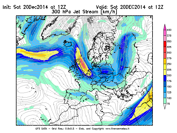 Mappa di analisi GFS - Jet Stream a 300 hPa in Europa
							del 20/12/2014 12 <!--googleoff: index-->UTC<!--googleon: index-->