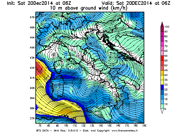 Mappa di analisi GFS - Velocità del vento a 10 metri dal suolo [km/h] in Italia
									del 20/12/2014 06 <!--googleoff: index-->UTC<!--googleon: index-->