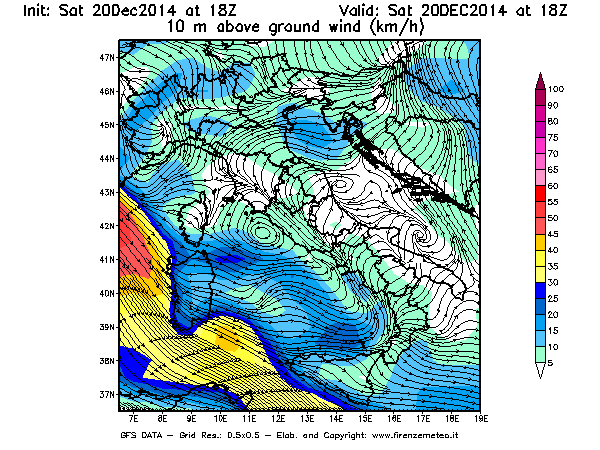 Mappa di analisi GFS - Velocità del vento a 10 metri dal suolo [km/h] in Italia
							del 20/12/2014 18 <!--googleoff: index-->UTC<!--googleon: index-->