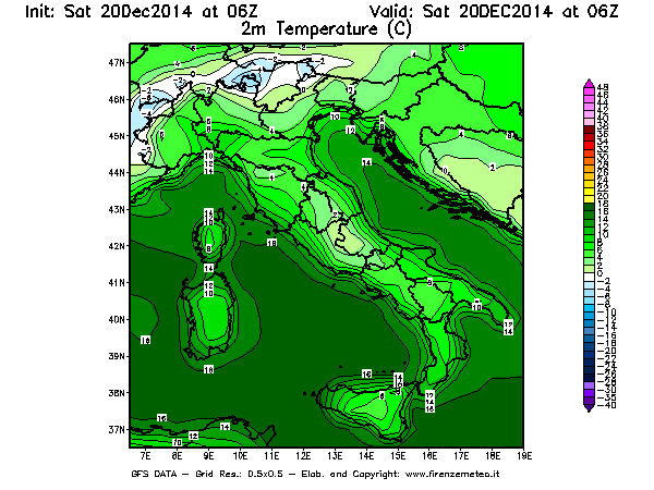 Mappa di analisi GFS - Temperatura a 2 metri dal suolo [°C] in Italia
							del 20/12/2014 06 <!--googleoff: index-->UTC<!--googleon: index-->