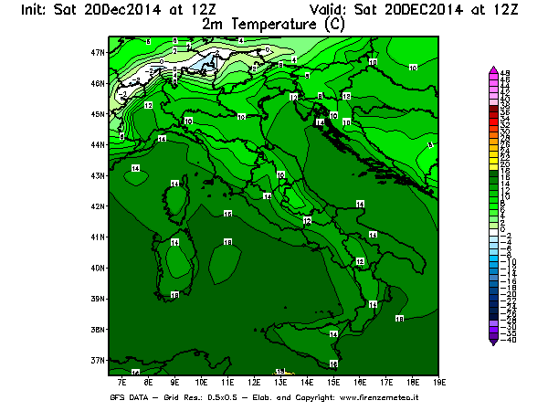 Mappa di analisi GFS - Temperatura a 2 metri dal suolo [°C] in Italia
							del 20/12/2014 12 <!--googleoff: index-->UTC<!--googleon: index-->