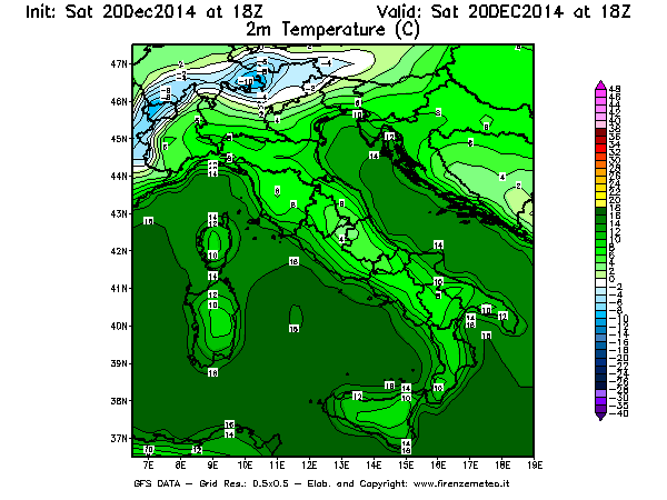 Mappa di analisi GFS - Temperatura a 2 metri dal suolo [°C] in Italia
									del 20/12/2014 18 <!--googleoff: index-->UTC<!--googleon: index-->