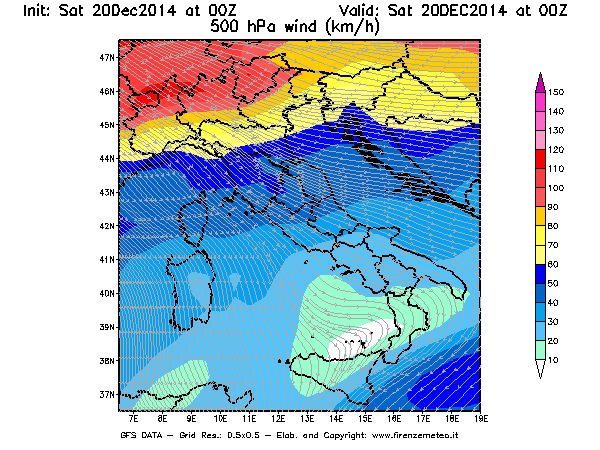 Mappa di analisi GFS - Velocità del vento a 500 hPa [km/h] in Italia
									del 20/12/2014 00 <!--googleoff: index-->UTC<!--googleon: index-->