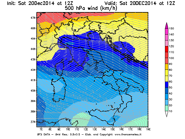 Mappa di analisi GFS - Velocità del vento a 500 hPa [km/h] in Italia
									del 20/12/2014 12 <!--googleoff: index-->UTC<!--googleon: index-->