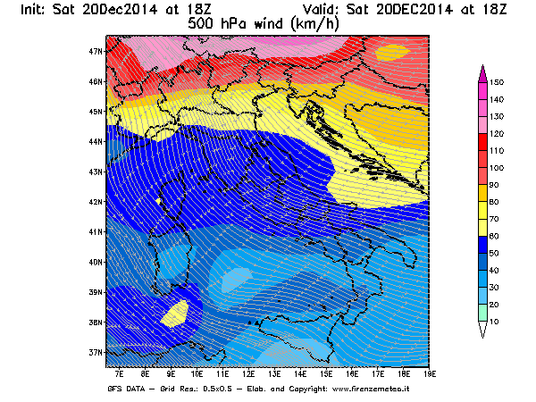 Mappa di analisi GFS - Velocità del vento a 500 hPa [km/h] in Italia
									del 20/12/2014 18 <!--googleoff: index-->UTC<!--googleon: index-->