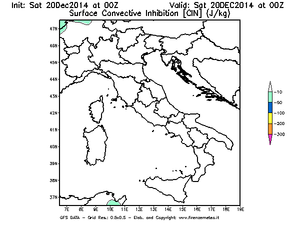 Mappa di analisi GFS - CIN [J/kg] in Italia
							del 20/12/2014 00 <!--googleoff: index-->UTC<!--googleon: index-->