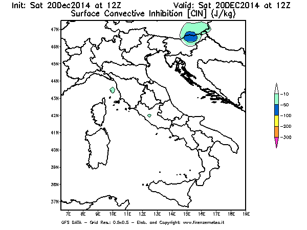 Mappa di analisi GFS - CIN [J/kg] in Italia
							del 20/12/2014 12 <!--googleoff: index-->UTC<!--googleon: index-->