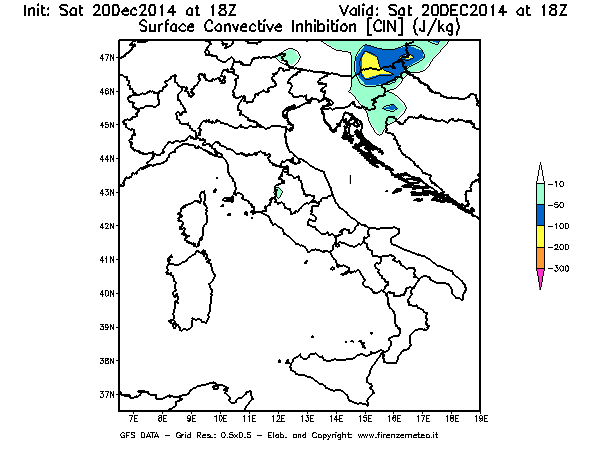 Mappa di analisi GFS - CIN [J/kg] in Italia
									del 20/12/2014 18 <!--googleoff: index-->UTC<!--googleon: index-->