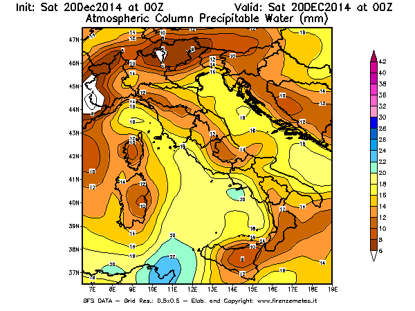 Mappa di analisi GFS - Precipitable Water [mm] in Italia
									del 20/12/2014 00 <!--googleoff: index-->UTC<!--googleon: index-->