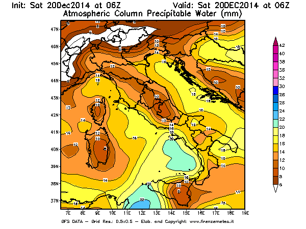 Mappa di analisi GFS - Precipitable Water [mm] in Italia
							del 20/12/2014 06 <!--googleoff: index-->UTC<!--googleon: index-->