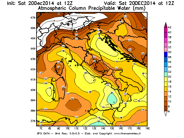 Mappa di analisi GFS - Precipitable Water [mm] in Italia
							del 20/12/2014 12 <!--googleoff: index-->UTC<!--googleon: index-->
