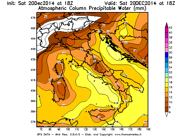 Mappa di analisi GFS - Precipitable Water [mm] in Italia
							del 20/12/2014 18 <!--googleoff: index-->UTC<!--googleon: index-->