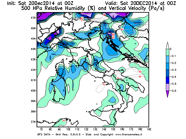 Mappa di analisi GFS - Umidità relativa [%] e Omega [Pa/s] a 500 hPa in Italia
							del 20/12/2014 00 <!--googleoff: index-->UTC<!--googleon: index-->