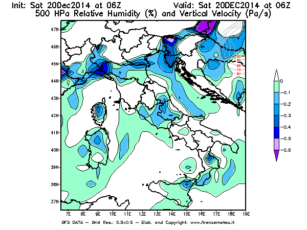 Mappa di analisi GFS - Umidità relativa [%] e Omega [Pa/s] a 500 hPa in Italia
							del 20/12/2014 06 <!--googleoff: index-->UTC<!--googleon: index-->