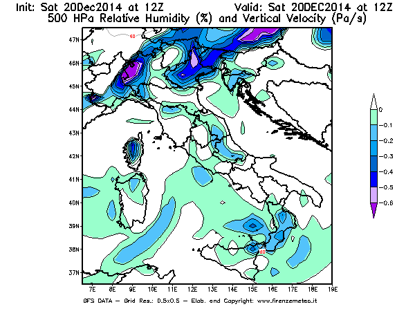 Mappa di analisi GFS - Umidità relativa [%] e Omega [Pa/s] a 500 hPa in Italia
									del 20/12/2014 12 <!--googleoff: index-->UTC<!--googleon: index-->